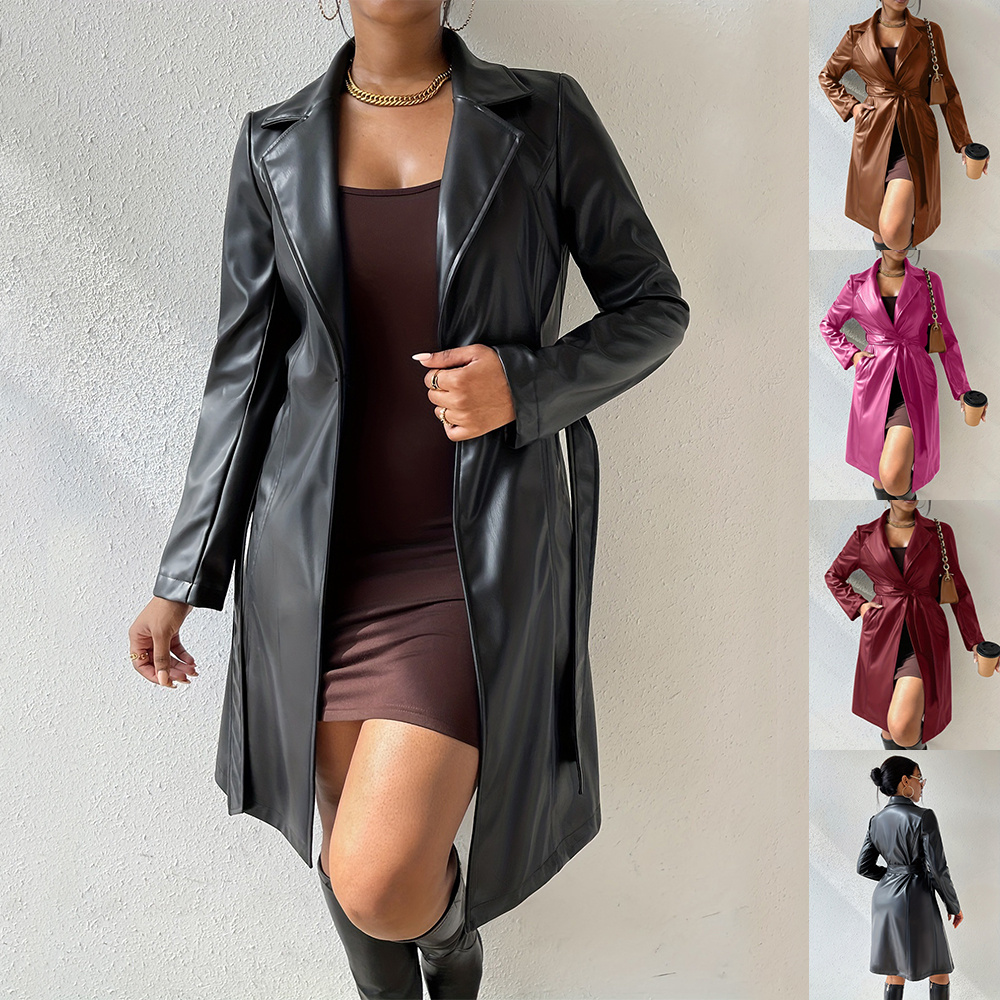 Long Sleeve Lapel PU Leather Jacket With Pockets Slim Fit Long Trench Coat Women’s Clothing